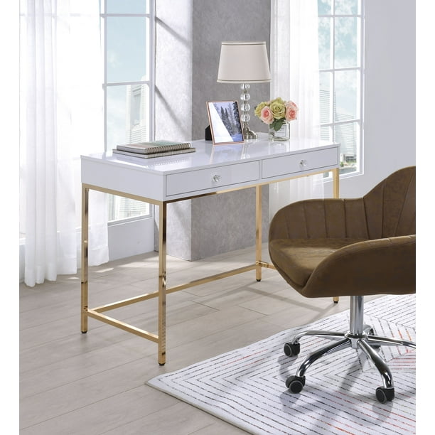 White High Gloss & Gold Acme Furniture Ottey Desk White High Gloss & Gold Acme Furniture Ottey Desk